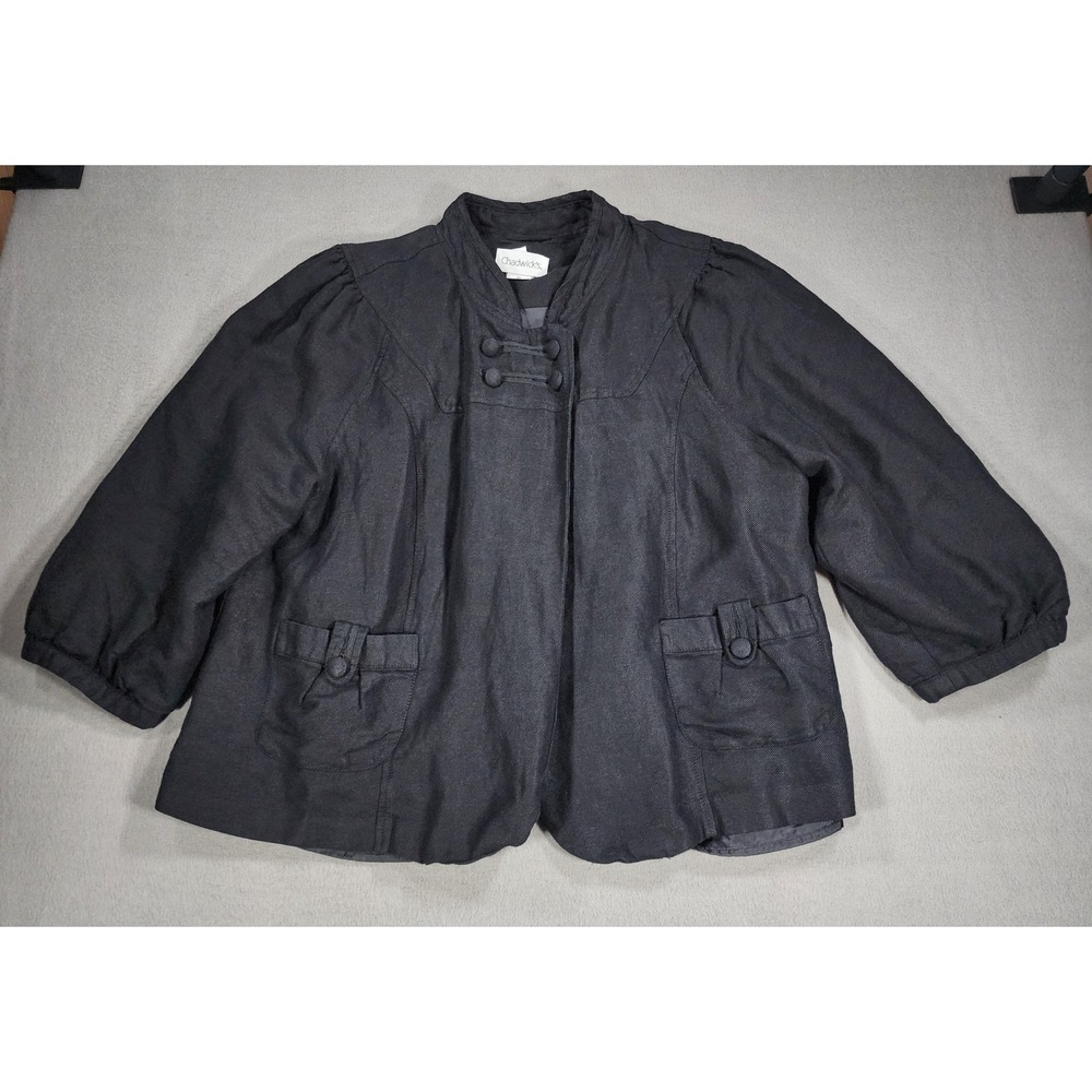 Chadwick's Linen Blend Black Military Button Blazer Jacket 3/4 Puff Sleeve Sz 18
